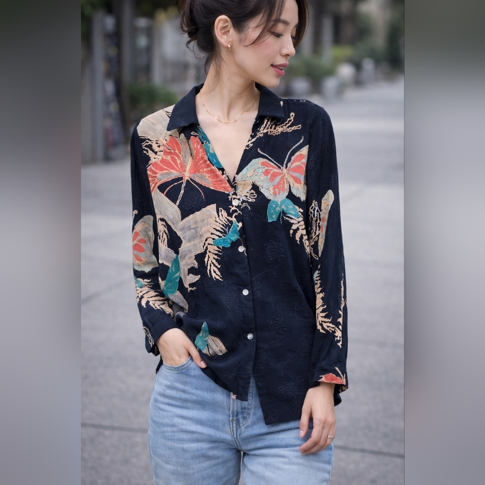 Citron Black Print Silk Blouse Medium M